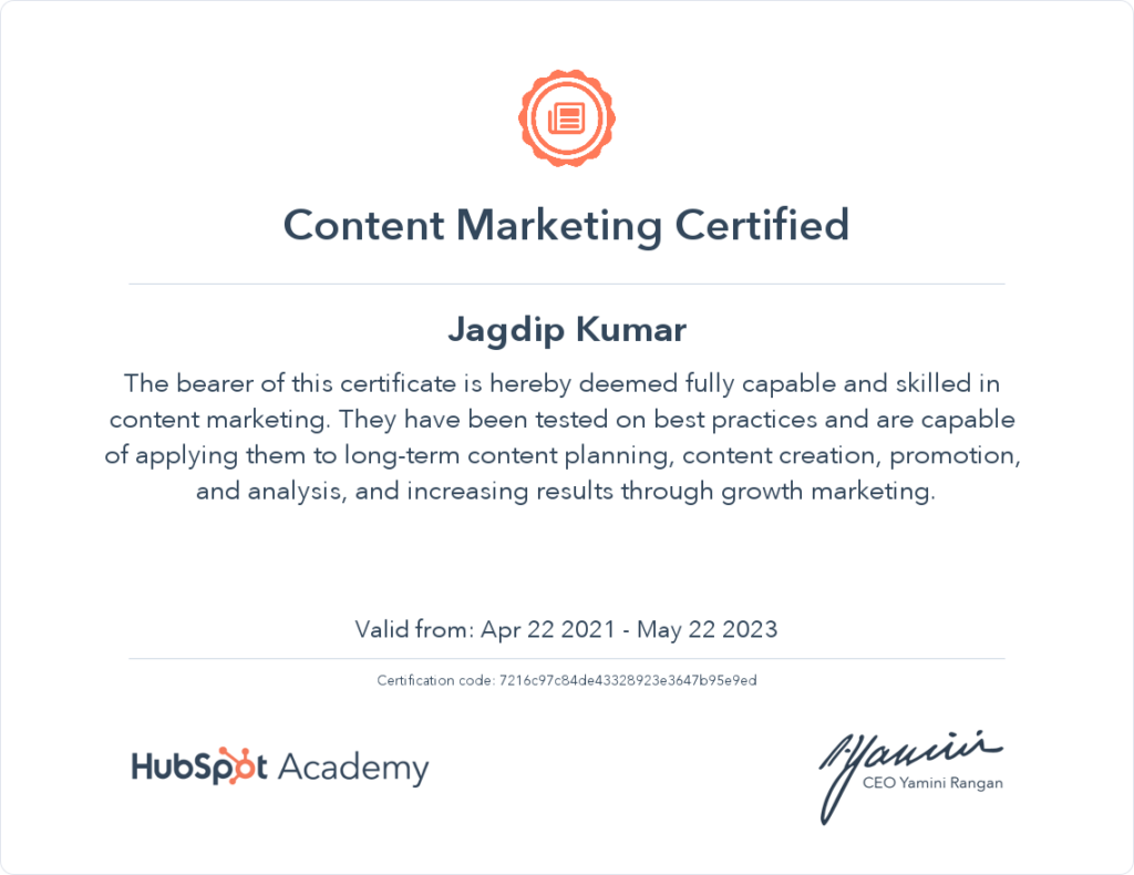 Hubspot Academy Content Marketing Certified Certification