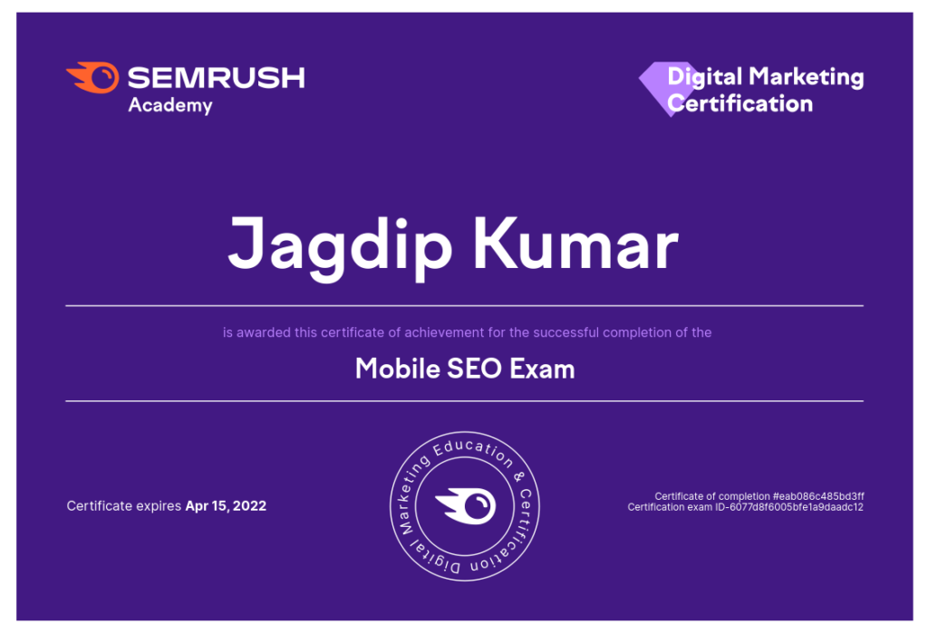Semrush mobile seo exam Certification