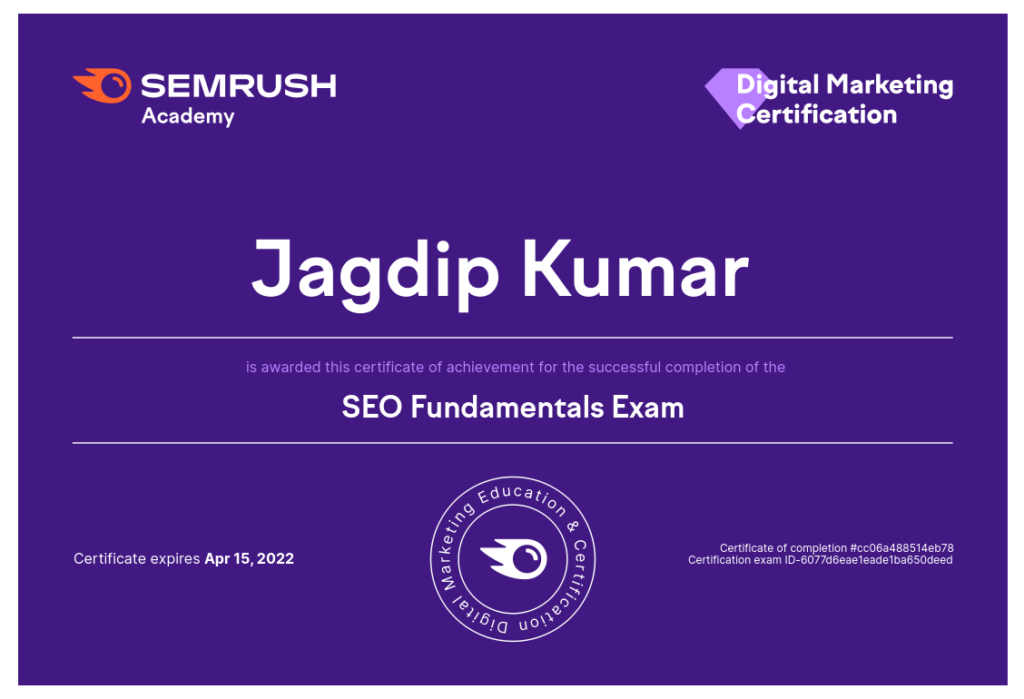 Semrush SEO Fundamentals Exam Certification